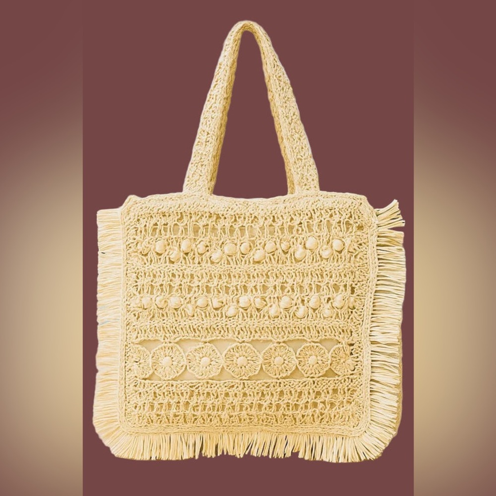 SUNLACE STRAW BRAIDED FRINGE TOTE BAG